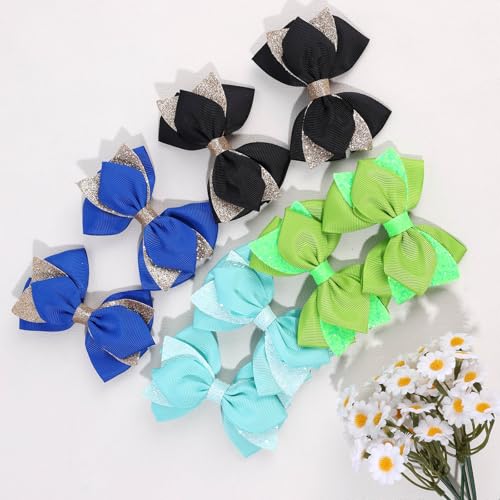 Black Glitter Hair Bow Clips for Girls Kids - 2 Pack 4 Inch Sparkly Hair Accessories