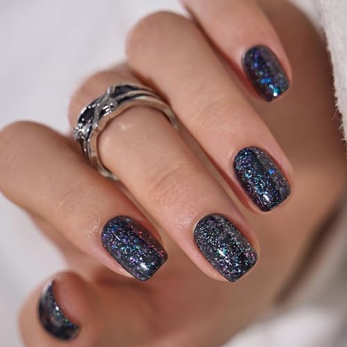 CurvLife Midnight Prism Black Short Square Glitter Press On Nails