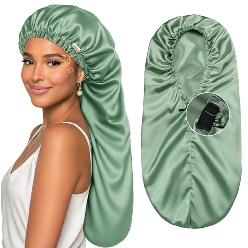 YANIBEST Adjustable Long Satin Sleep Bonnet for Curly Hair and Braids
