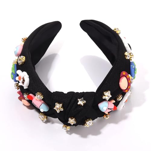 Mokkia Space Astronaut Headband for Women - Pattern A with Jeweled Saturn and Rocket Design