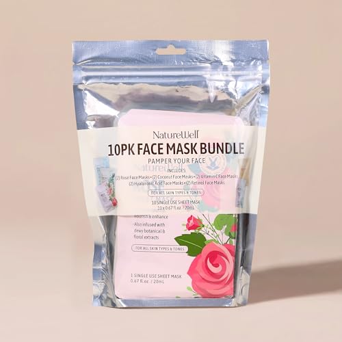 Nature Well All-Skin Hyaluronic Acid Rose Retinol Coconut Vitamin C Sheet Masks Multipack (10 Packs)