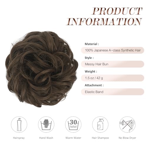 FESHFEN Messy Bun Hair Piece - Wavy Synthetic Chignon Scrunchies for Instant Volume, Elastic Ponytail Bun Hair Extensions Thick Hairpieces for Women, Medium Brown 1.50 oz