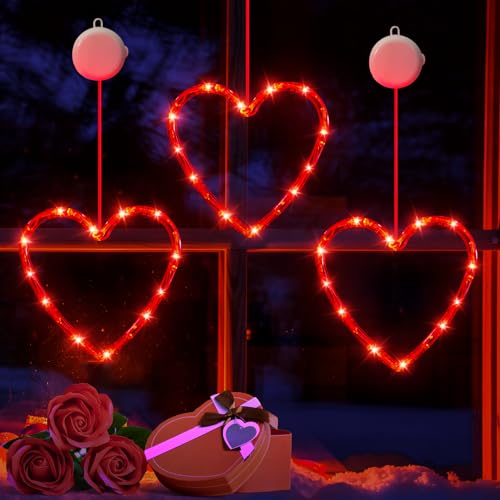 Battery Powered Heart Shaped Window Lights - 3 Pack Valentine's Day Decor