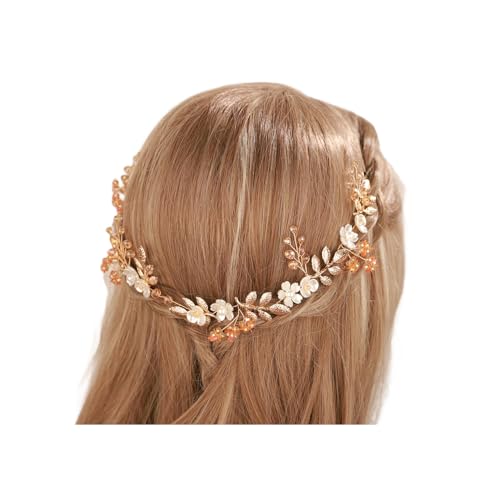 Gold Boho Bridal Flower Leaf Headband - Crystal Pearl Hair Vine