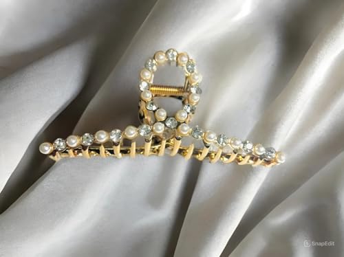 Set of 2 Large Metal Hair Claw Clips with Pearls - Gold Fashion Accessories for Women's Thick Hair