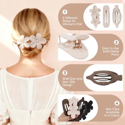 10-Pack Flat Hair Clips for Women - Matte Claw & Flower Hairpins Set