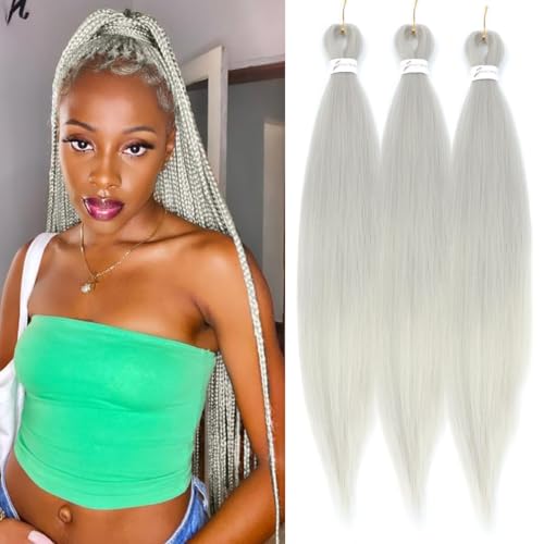 Betufllo Silver Grey Pre-Stretched Braiding Hair Extensions 30 Inch Pack of 3