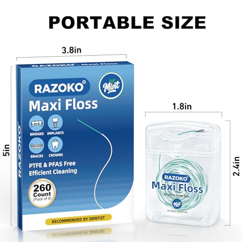 Razoko Mint Dental Floss Threader Pack of 4 (65 Count Each) for Braces Implants & Bridges