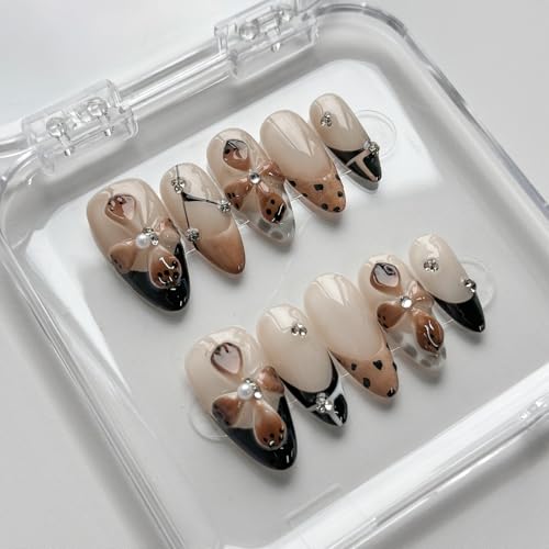 MABKJLF M-A14 Luxury Short Almond Press-On Nails with 3D Designs - Reusable Fake Nails with Rhinestones & French Tips, Glossy Brown, Thick Acrylic, Complete Nail Kit