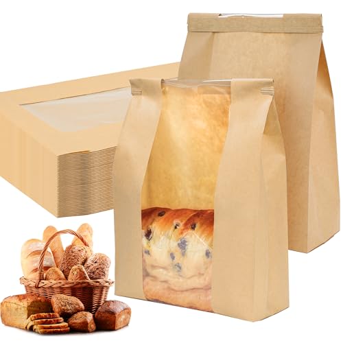 NPLUX 50-Pack Kraft Paper Bread Bags with Clear Window & Tin Tie