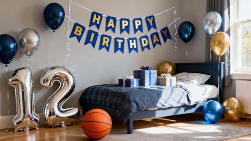 12th Birthday Party Supplies Kit - Blue & Metallic Balloons