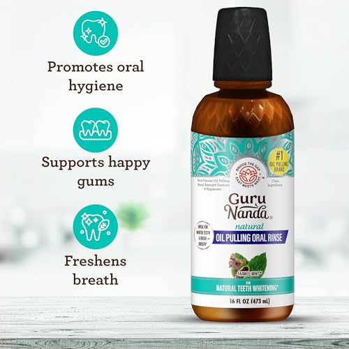 GuruNanda Farmed Mint Oil Pulling Mouthwash for Complete Oral Hygiene, 7 Essential Oils & Vitamins for Happy Teeth & Gums & Fresh Breath, Alcohol-Free, 16 oz