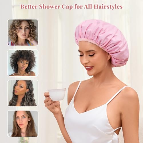 Kafteri Waterproof Reusable Shower Cap for Long Hair - Pink