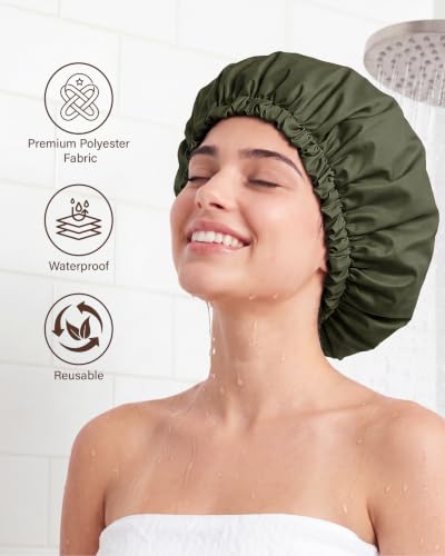Edoneery Green Satin-Lined Waterproof Shower Cap for Women - Large Size, Reusable & Stylish
