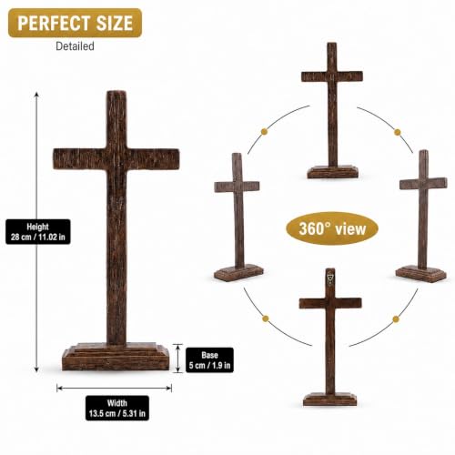 Rustic Distressed Standing Cross - 11 Inch Dark Wood Grain Resin Decor