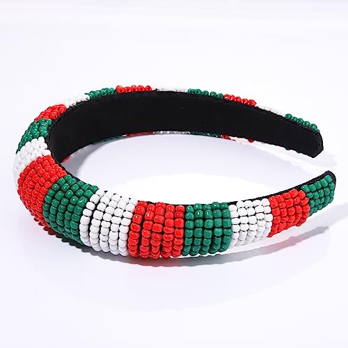 Christmas Headband for Women - Red Green White Beaded Hair Hoop