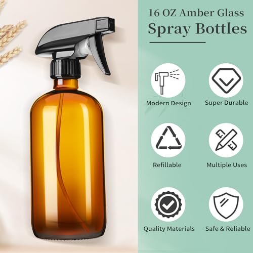 16oz Amber Glass Spray Bottles with Adjustable Nozzle - Refillable Cleaning and Essential Oil Sprays