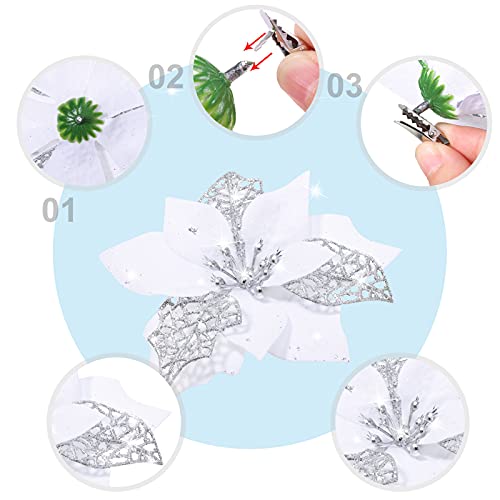 Boao 24 Pcs Glitter Poinsettia Flowers for Christmas Decor