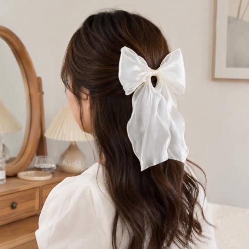 Chirende White Large Bow Hair Clip with Long Tail Cozy Coquette Style