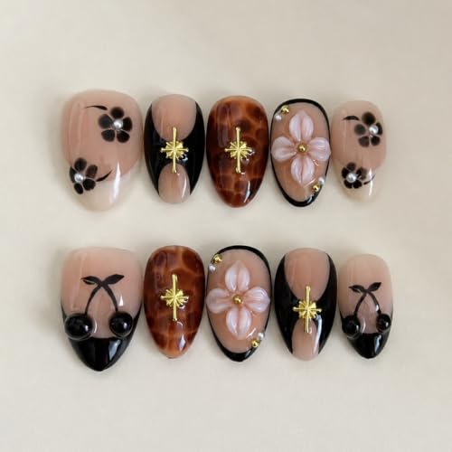 Short Almond Press On Nails with 3D Cherries & Flowers - 10 Pieces