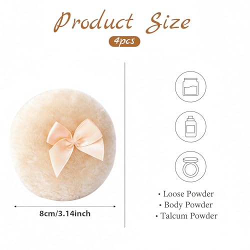 4 PCS Large Fluffy Makeup Sponges with Ribbon Handle - Beige & White