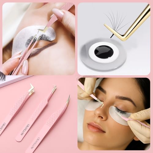 Lash Tweezers Set for Eyelash Extensions - 3 Precision Fiber Tip Diamond Grip, Volume,L-shape Boot, 90 Degree Lash Tweezers for Volume Classic Lashes Premade Fans (3)