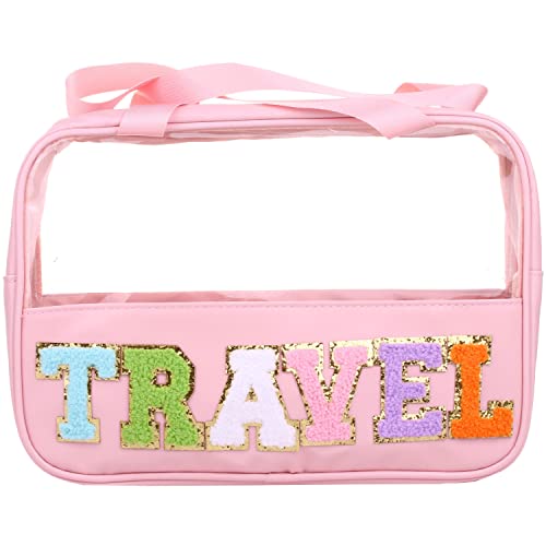 Clear Travel Makeup Bag with Chenille Letter Patch - Large Toiletry Tote