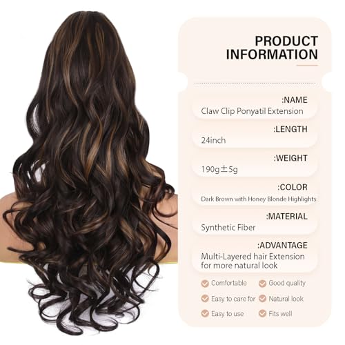 24 Inch Dark Brown & Honey Blonde Highlighted Ponytail Extension - Soft Wavy Claw Clip