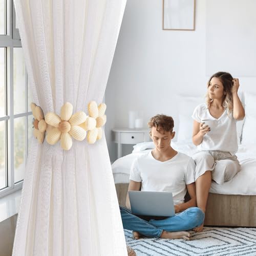 Flower Curtain Tiebacks - 2 Pack Decorative Holdbacks with Buttons