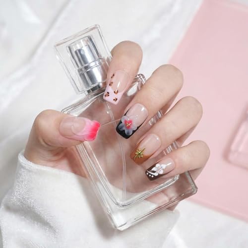 Reusable Handmade Medium Square Press-On Nails O901 / M - Salon Quality, French Tip & 3D Decor
