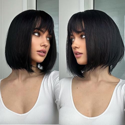 Short Bob Wig with Bangs – Natural Black Synthetic Hair for Women
