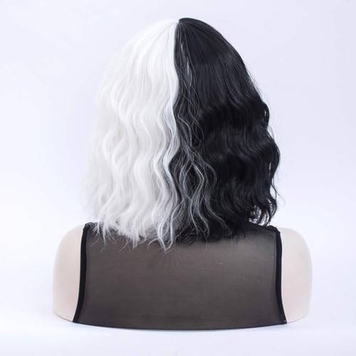 MORTICIA White and Black Short Curly Bob Wig with Bangs