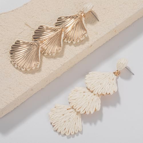 Raffia Starfish Seashell Dangle Earrings - Colorful Beach Jewelry