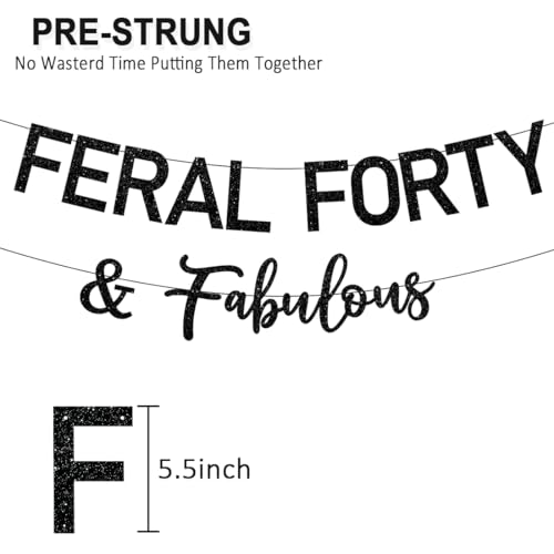 Feral Forty & Fabulous Birthday Banner - Black Glitter Party Decor