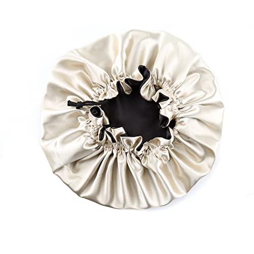 Large Satin Bonnet for Women - Adjustable Double Layer Night Cap (Black/Champagne)