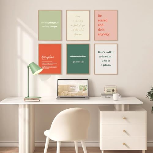 Motivational Wall Art Prints - Set of 6 Inspirational Quotes, 8x10 Unframed Canvas for Office & Home Decor