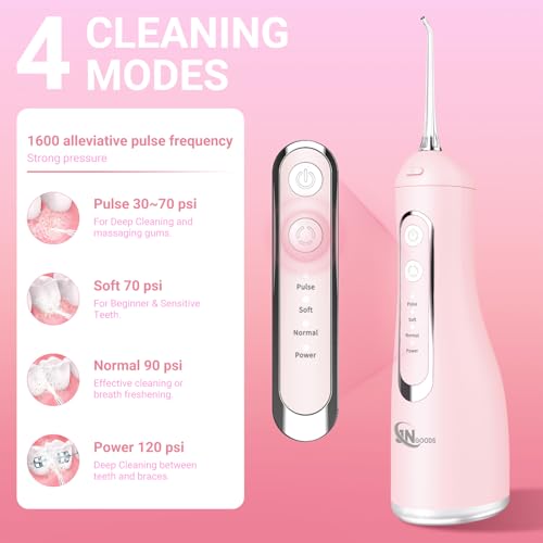 JNGOODS Cordless Water Flosser Oral Irrigator 300ml Pink, Rechargeable, 4 Modes Waterproof