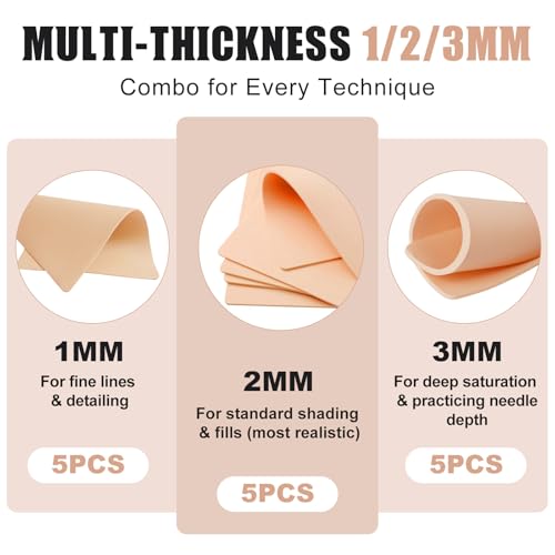 Autdor 15pcs Tattoo Practice Skin, Mixed Thickness 1mm-3mm Silicone Sheets
