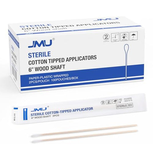 JMU 6 Inch Sterile Cotton Tipped Applicators, 200 Count Long Cotton Swabs, Wood Shaft Medical Swabs