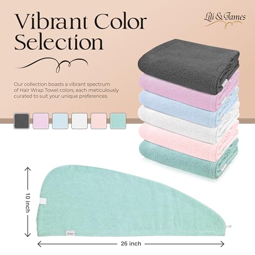 Lili&James 100% Cotton Hair Towel Wrap (Pack of 2) - Quick Dry Turban for Women & Kids, Anti Frizz, White+Aqua