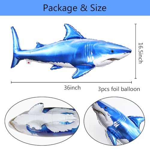 3Pcs Shark Foil Balloons - 36 Inch Ocean Theme Party Decor