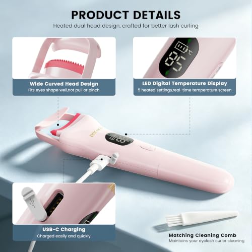 DOCOCO Dual Head Heated Eyelash Curler with 5 Heat Settings, USB-C Rechargeable, Fast 8s Heating, Long-Lasting Natural Curl