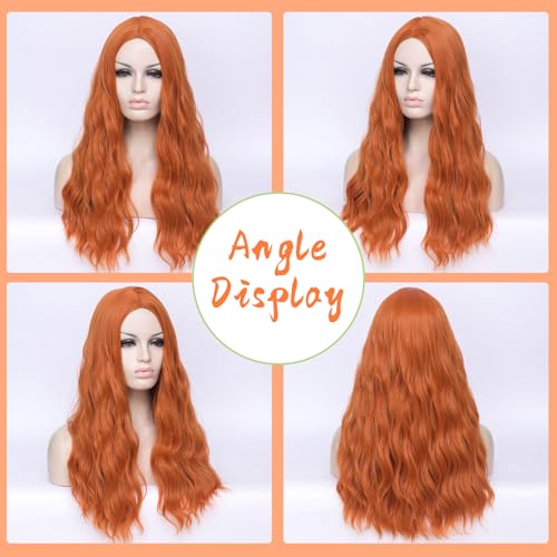DWMGLP 24-Inch Orange Curly Wavy Wig for Women, Heat-Resistant Synthetic Cosplay & Party