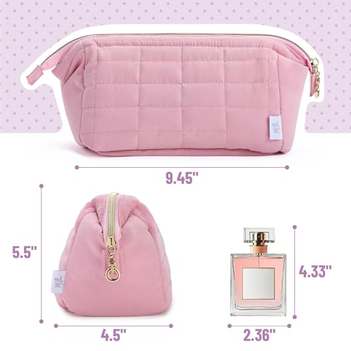Aesthetic Quilted Makeup Bag for Women - Pink Cosmetic Pouch