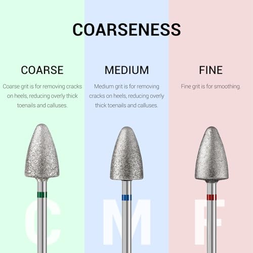 MelodySusie 3PCS 8mm Diamond Pedicure Cone Nail Drill Bits Set Silver - Coarse, Medium & Fine Grit for Toenails & Calluses