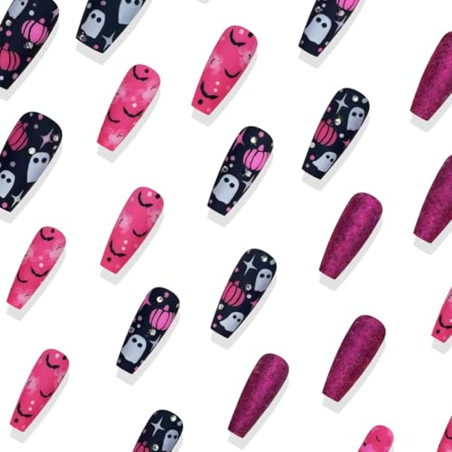 Halloween Press On Nails Medium Coffin Fake Nail Set with 3D Rhinestones & Spiders - Halloween Nails-5