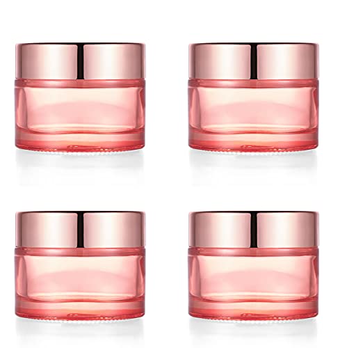 Pink Glass Cream Jar Set - 4 Refillable 50ml Cosmetic Containers with Rose Gold Lids