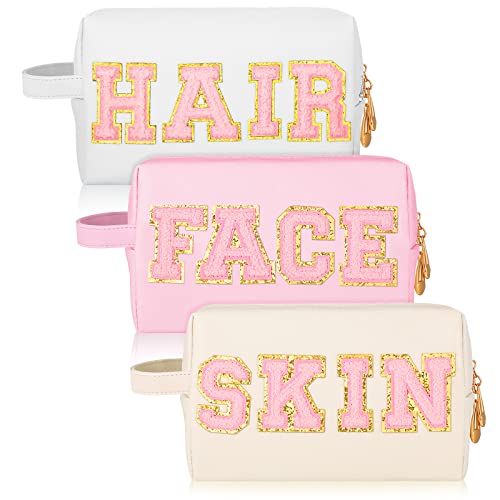 Sotiff 3-Pack Preppy Cosmetic Bags Waterproof Leather Makeup Pouches 8.27 x 5.12 x 3.15 Inches