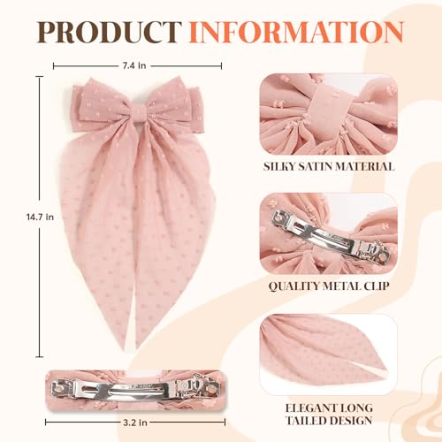 Loqpol 6 pcs Oversized Chiffon Hair Bows with Alligator Clips - Red Lavender Pink Yellow Blue White