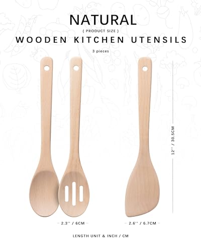 Beech Wood Cooking Utensil Set - 3-Piece Wooden Spoons